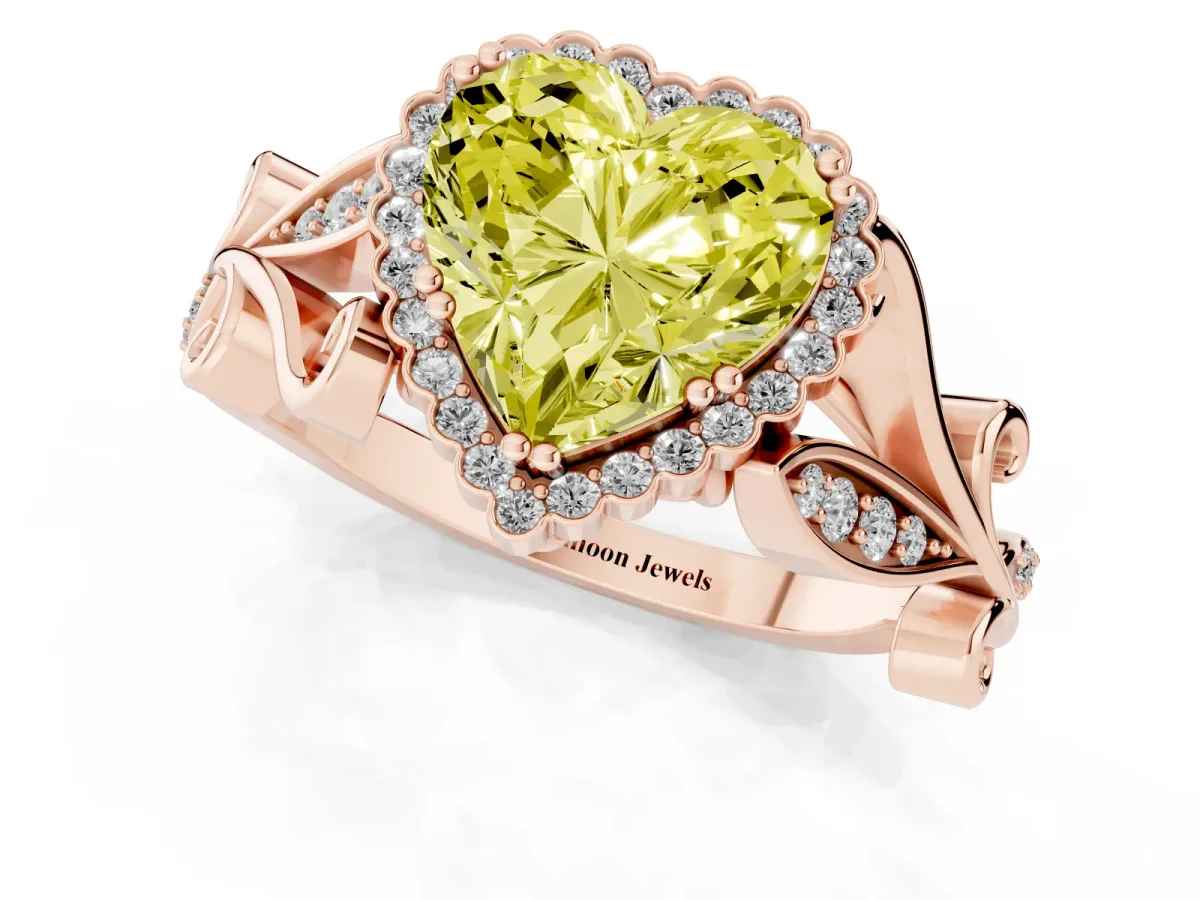 Fancy Yellow Heart Cut Diamond Halo Ring with Vintage Split Shank and Four-Prong Setting Rose gold
