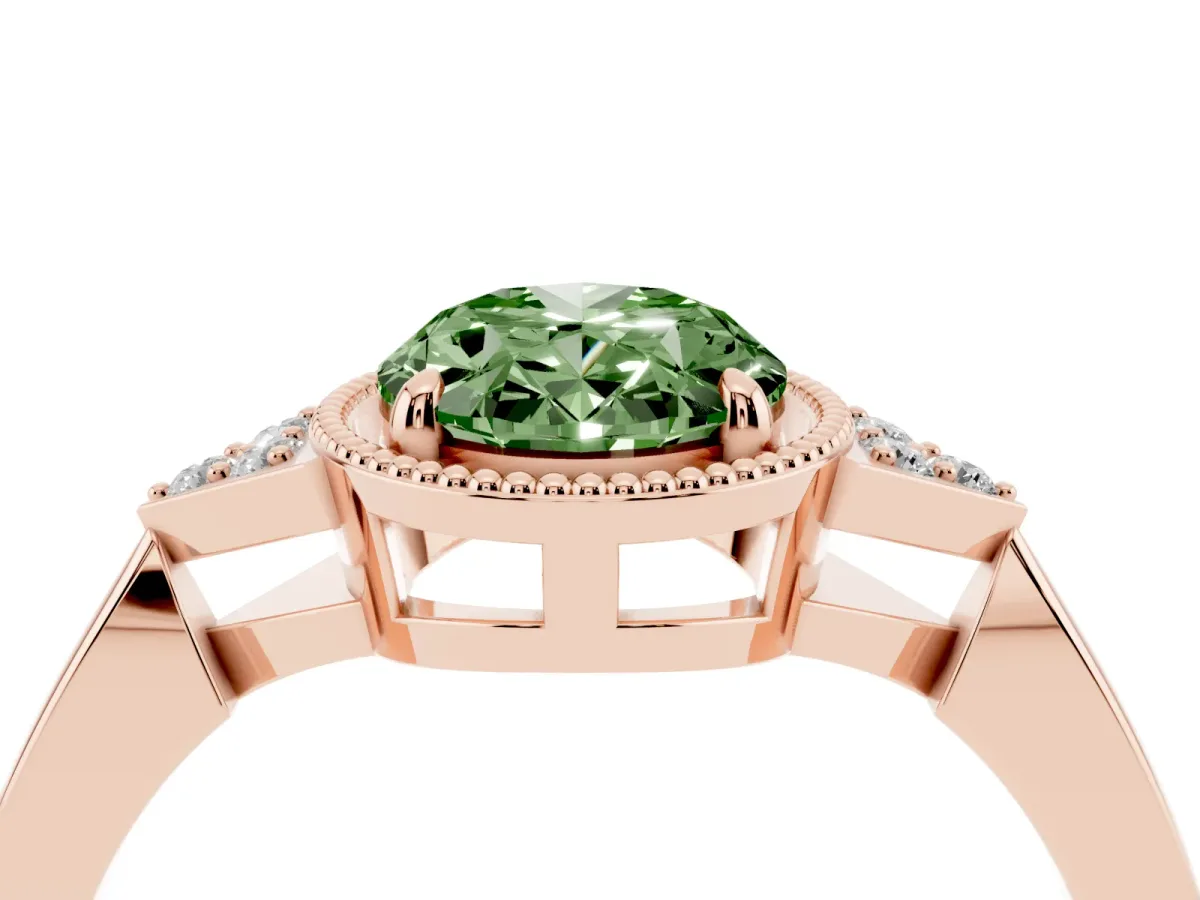 Fancy Green Hexagonal Halo Oval Cut Diamond Solitaire with Pavé Band and Four-Prong Setting Rose gold