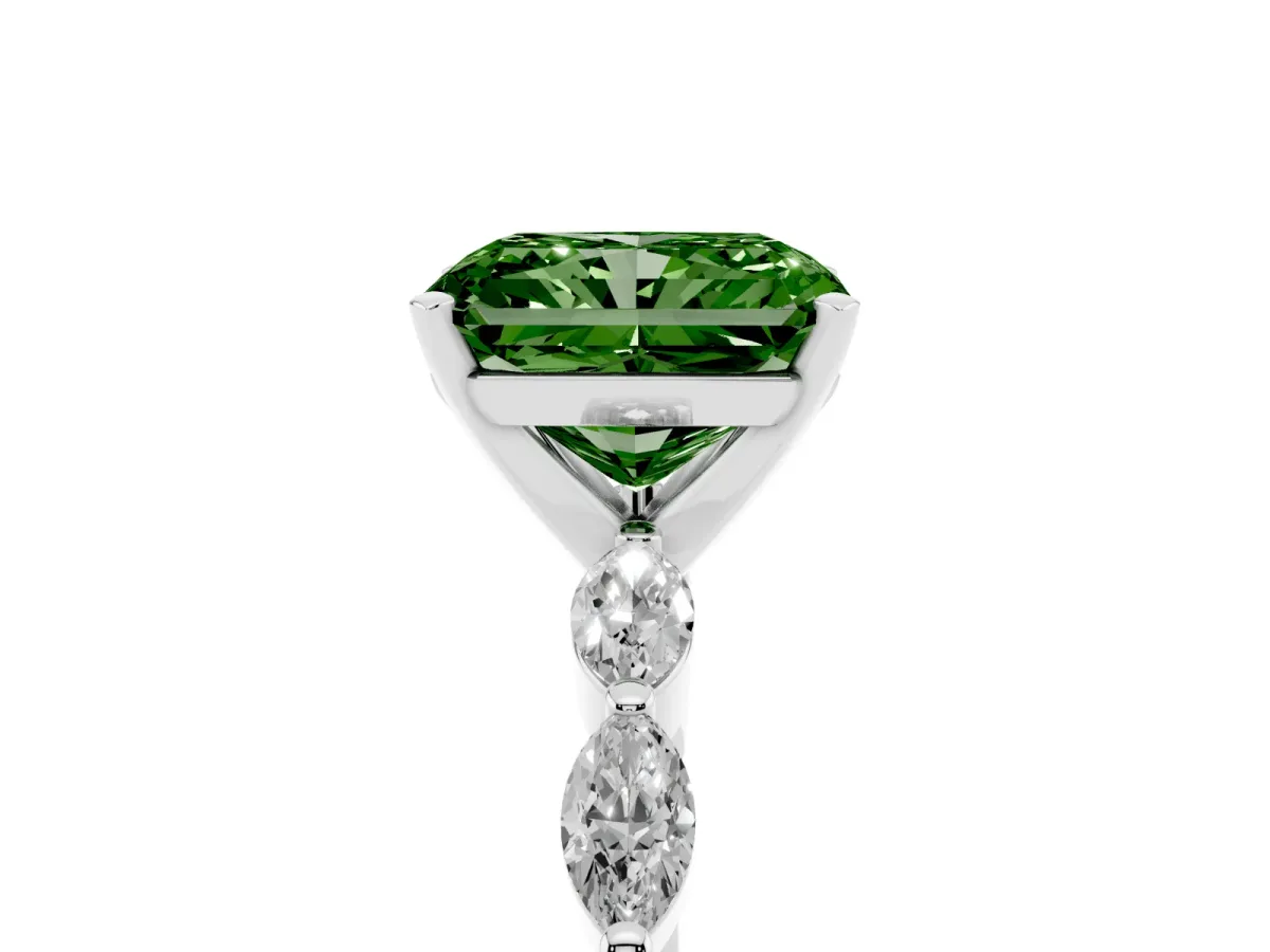 Fancy Green Radiant Cut Diamond Ring with Marquise Side Stones and Prong Setting Platinum