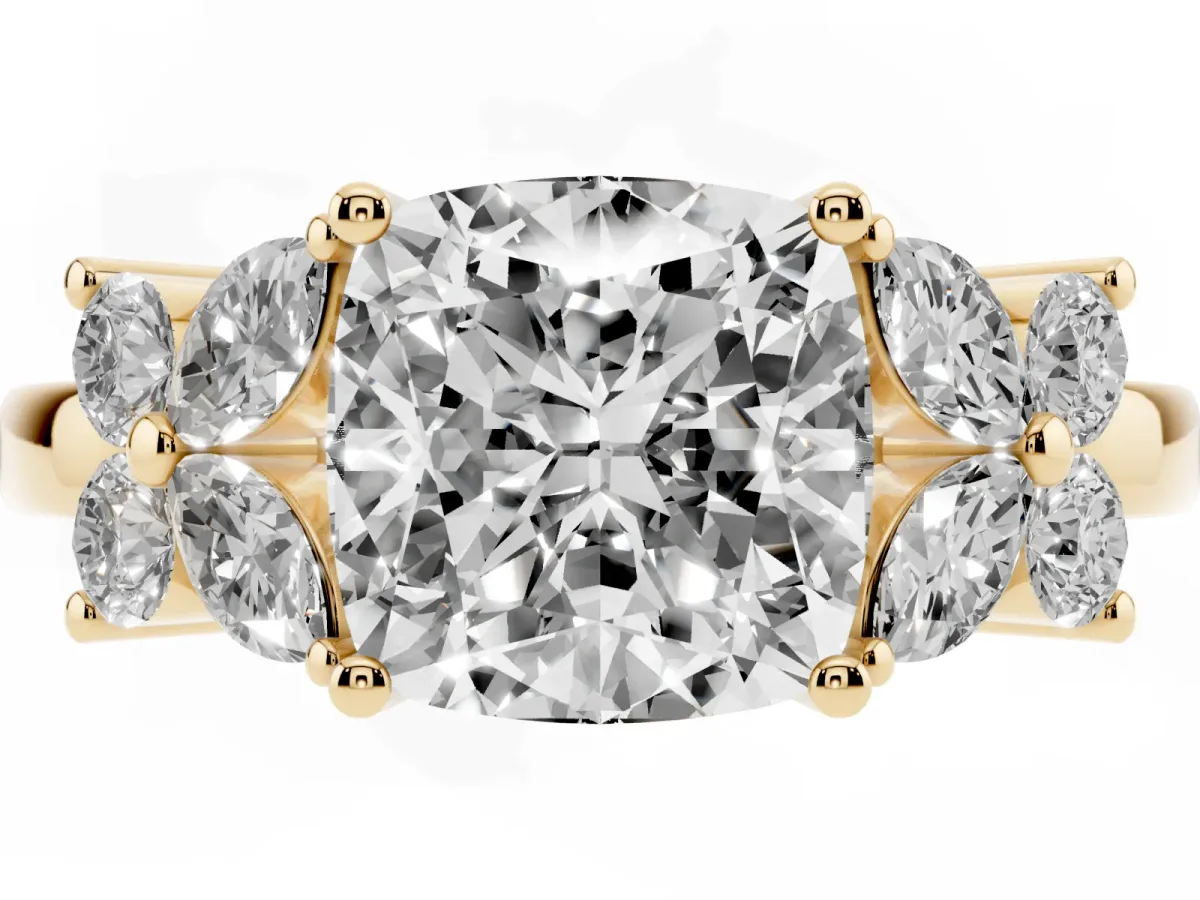 Cushion Cut Diamond Floral Cluster Ring with Solitaire Band and Prong Setting Yellow gold