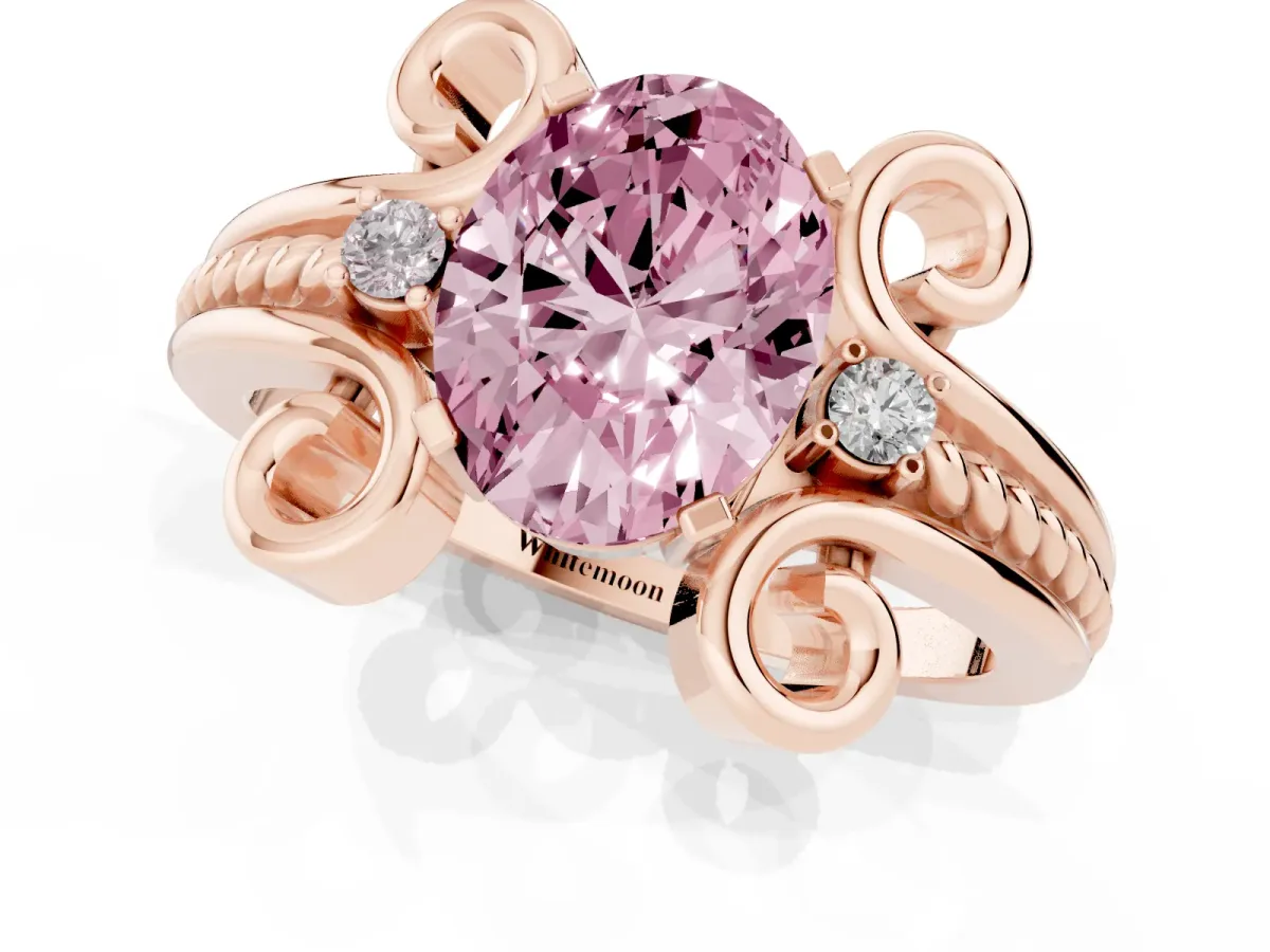 Fancy Pink Oval Cut Solitaire Twisted Band Scroll Prong Ring Rose gold