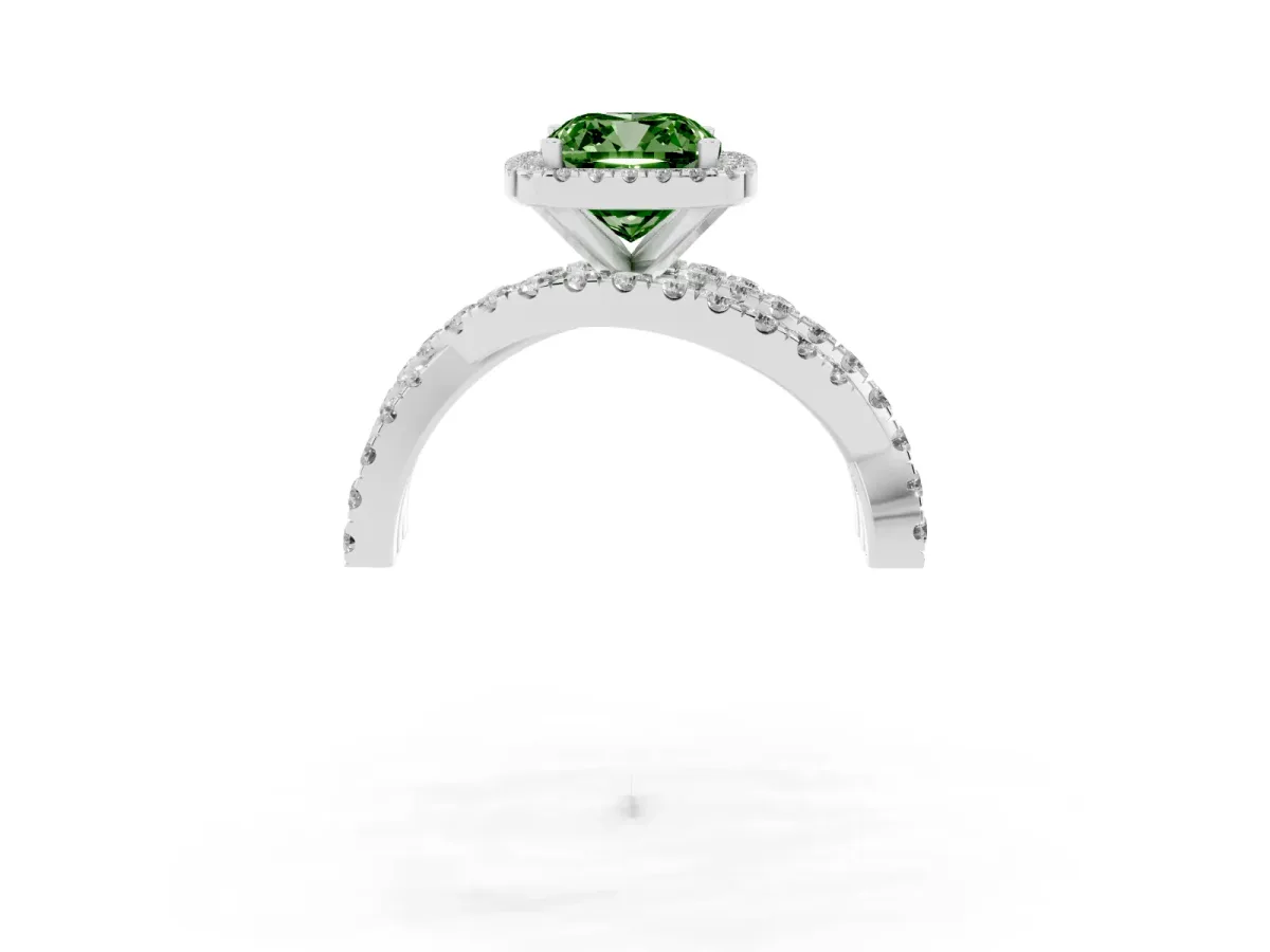 Fancy Green Cushion Cut Diamond Halo Ring with Round Split Shank and Prong Setting Silver