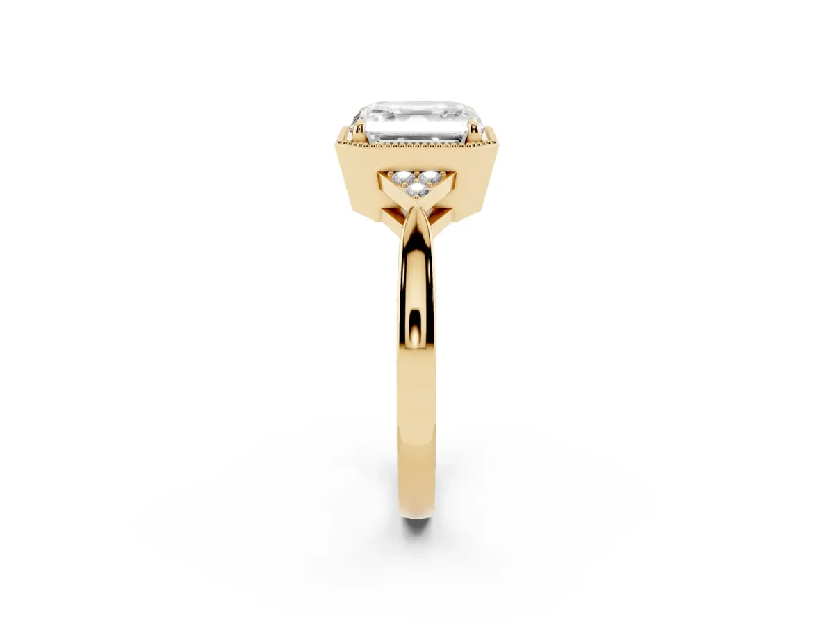 Milgrain Asscher Cut Cut Diamond Ring with Tapered Pave Band and Four Prong Setting Yellow gold