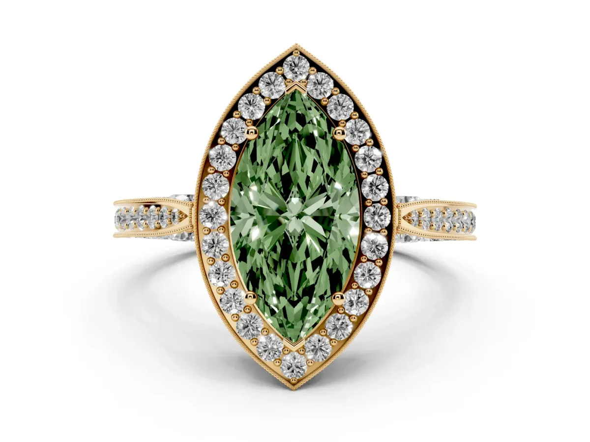 Fancy Green Marquise Cut Halo Diamond Engagement Ring with Split Shank Band and Four-Prong Setting Yellow gold