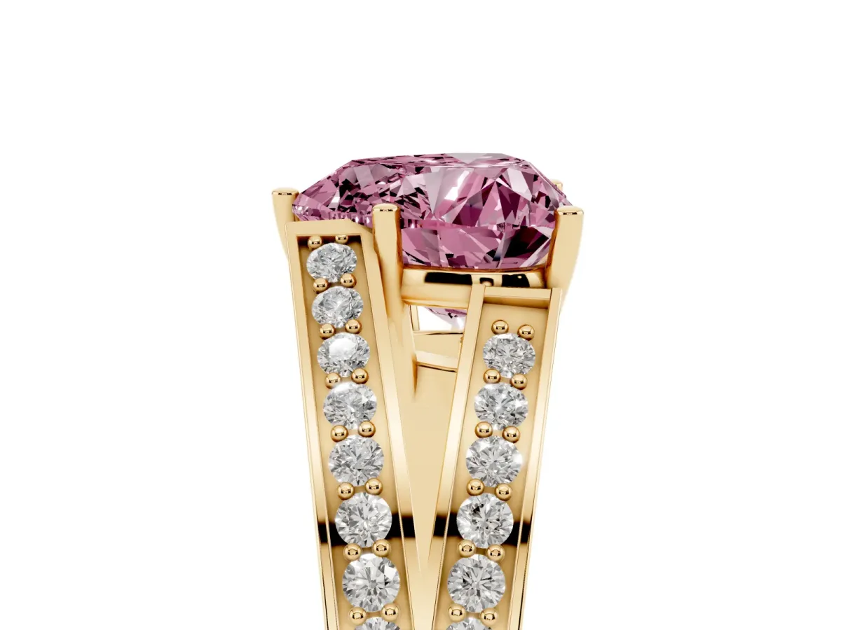 Fancy Pink Heart Cut Diamond Split Shank Ring with Pavé Band and Four-Prong Setting Yellow gold