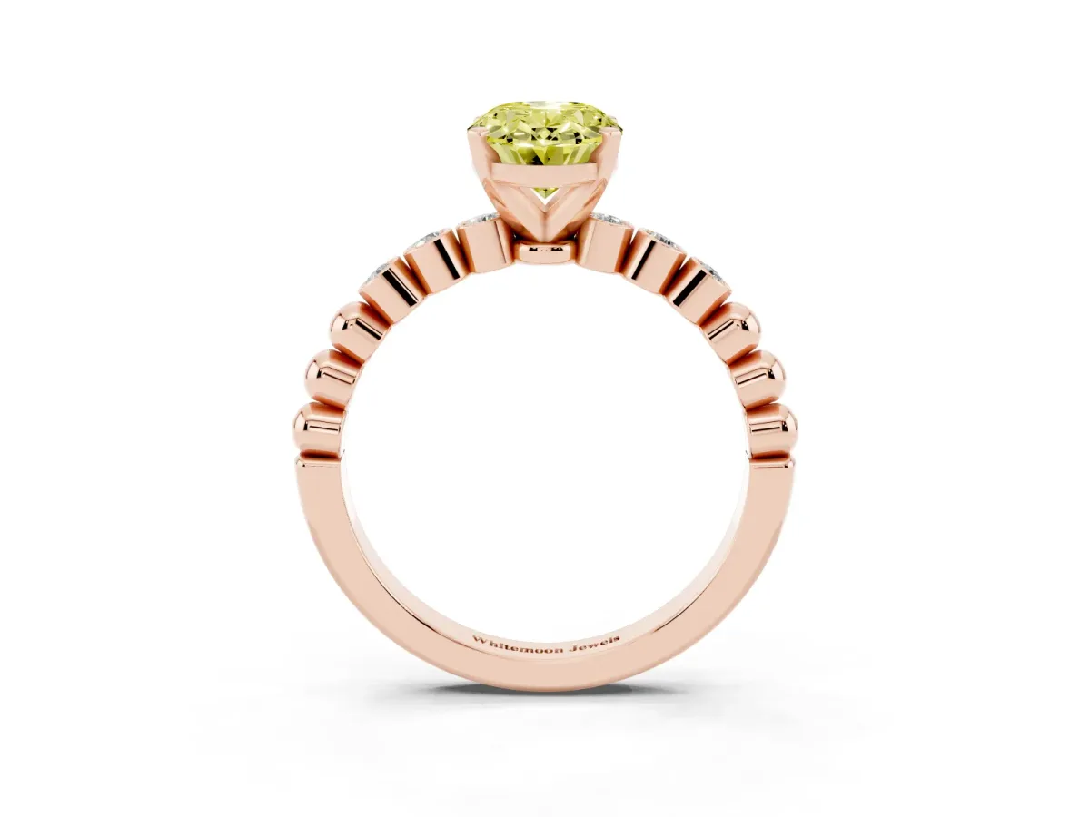 Fancy Yellow Oval Cut Solitaire Bezel Accent Diamond Engagement Ring with Beaded Band and Four-Prong Setting Rose gold