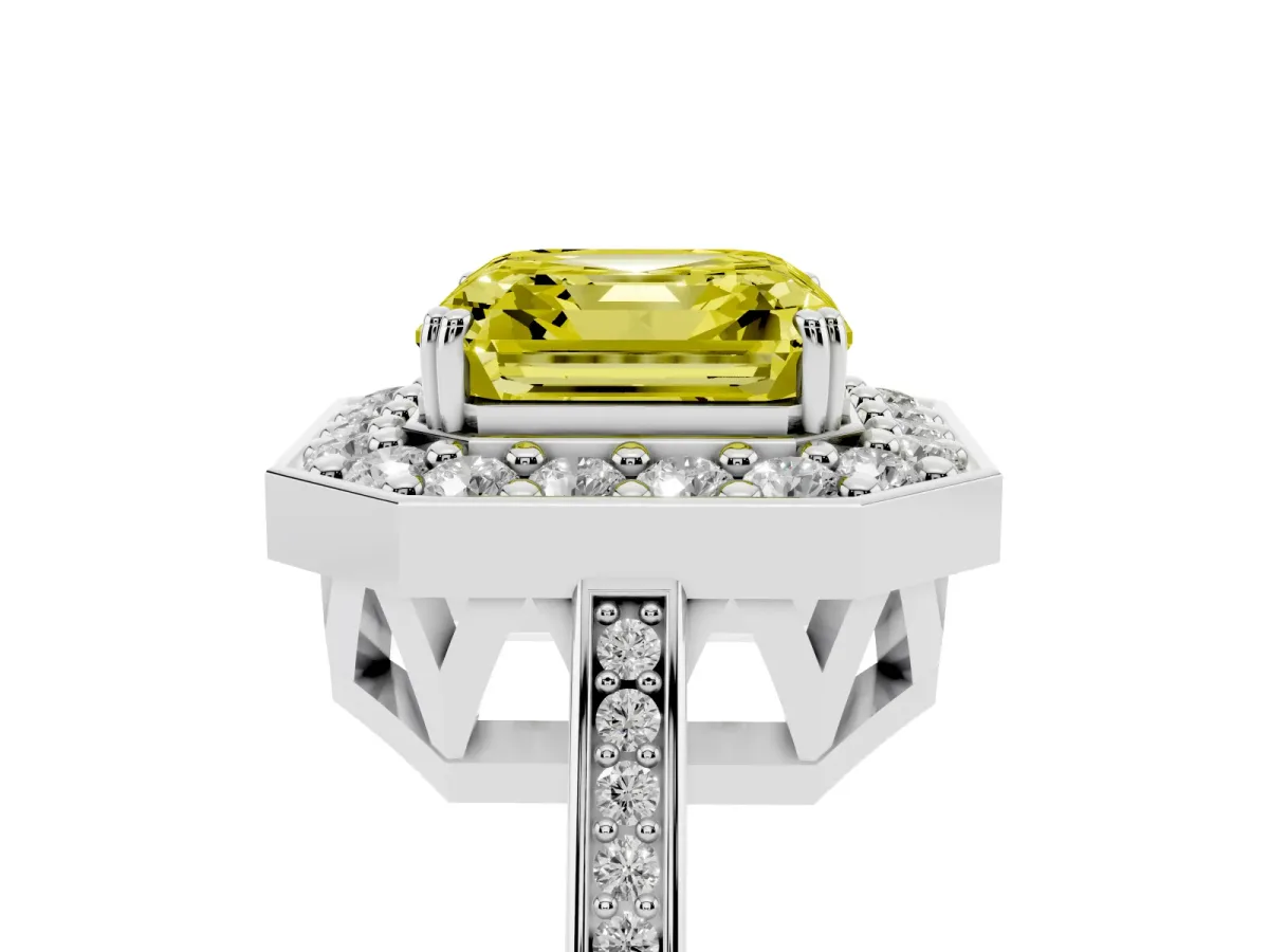 Fancy Yellow Asscher Cut Diamond Halo Ring with Split Shank and Four-Prong Setting Silver