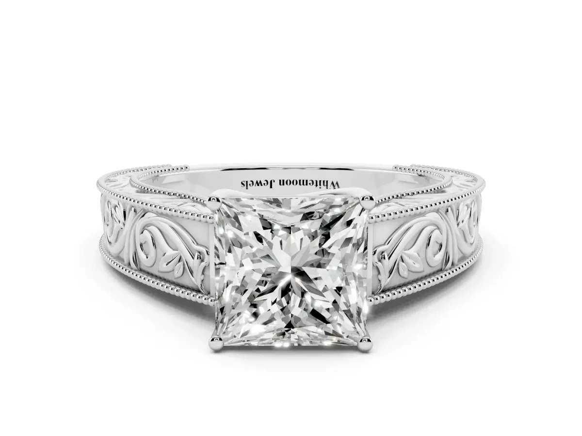Princess Cut Diamond Solitaire Ring with Engraved Band and Four-Prong Setting White gold