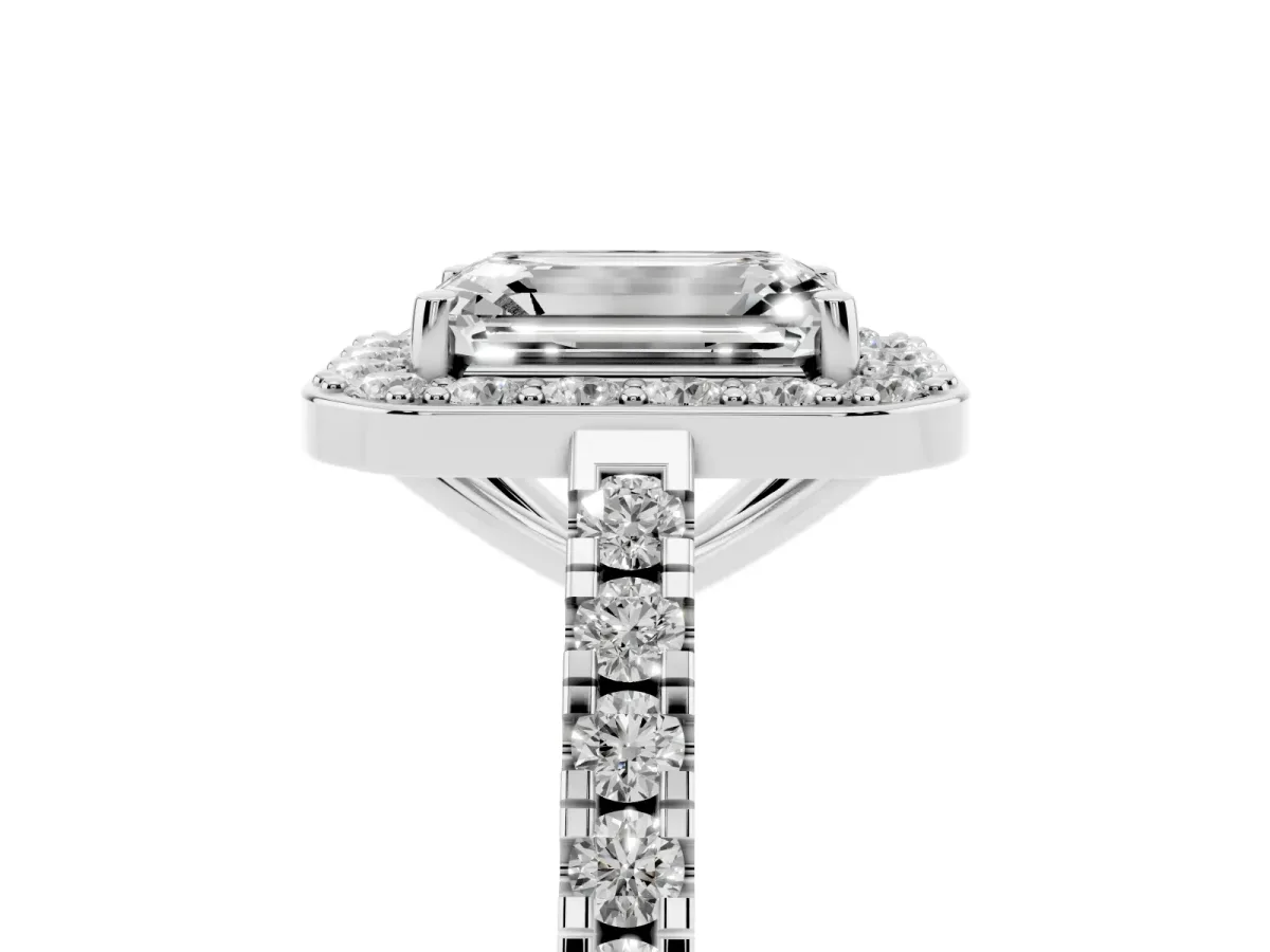 Emerald Cut Diamond Halo Ring with Round Pavé Split Shank and Prong Setting Silver