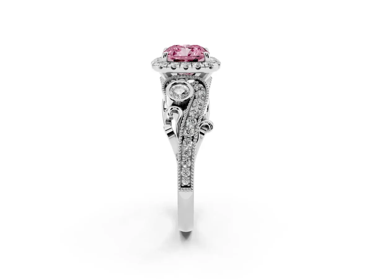 Fancy Pink Cushion Cut Diamond Halo Ring with Milgrain Pavé Band and Four-Prong Setting Silver