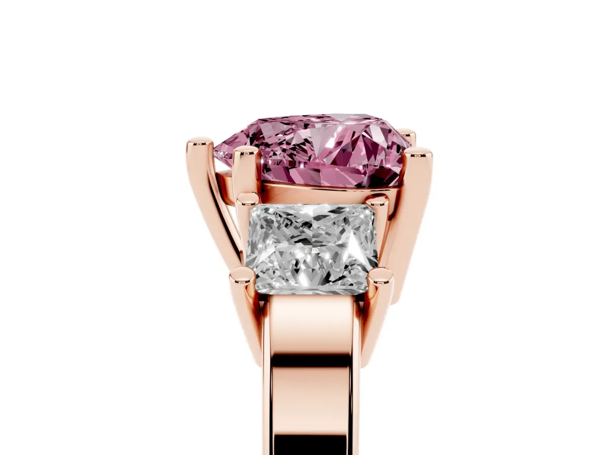 Fancy Pink Three-Stone Heart Cut Cut Solitaire Ring with Prong Setting Rose gold
