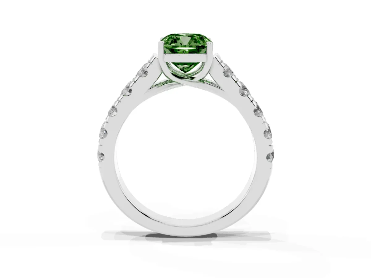 Fancy Green Cushion Cut Cut Diamond Solitaire Ring with Micro Pave Band and Prong Setting Silver