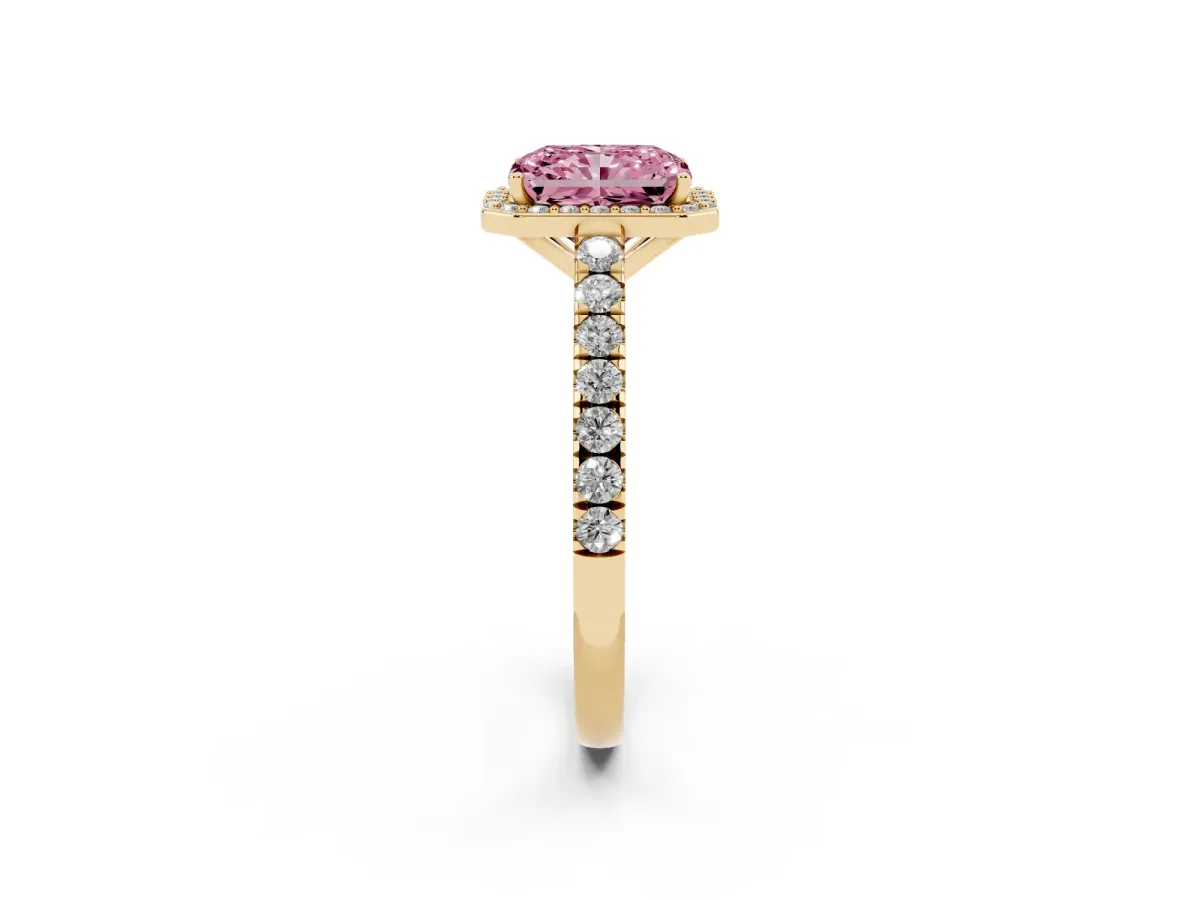 Fancy Pink Radiant Cut Cut Halo Diamond Engagement Ring with Pave Band and Four-Prong Setting Yellow gold