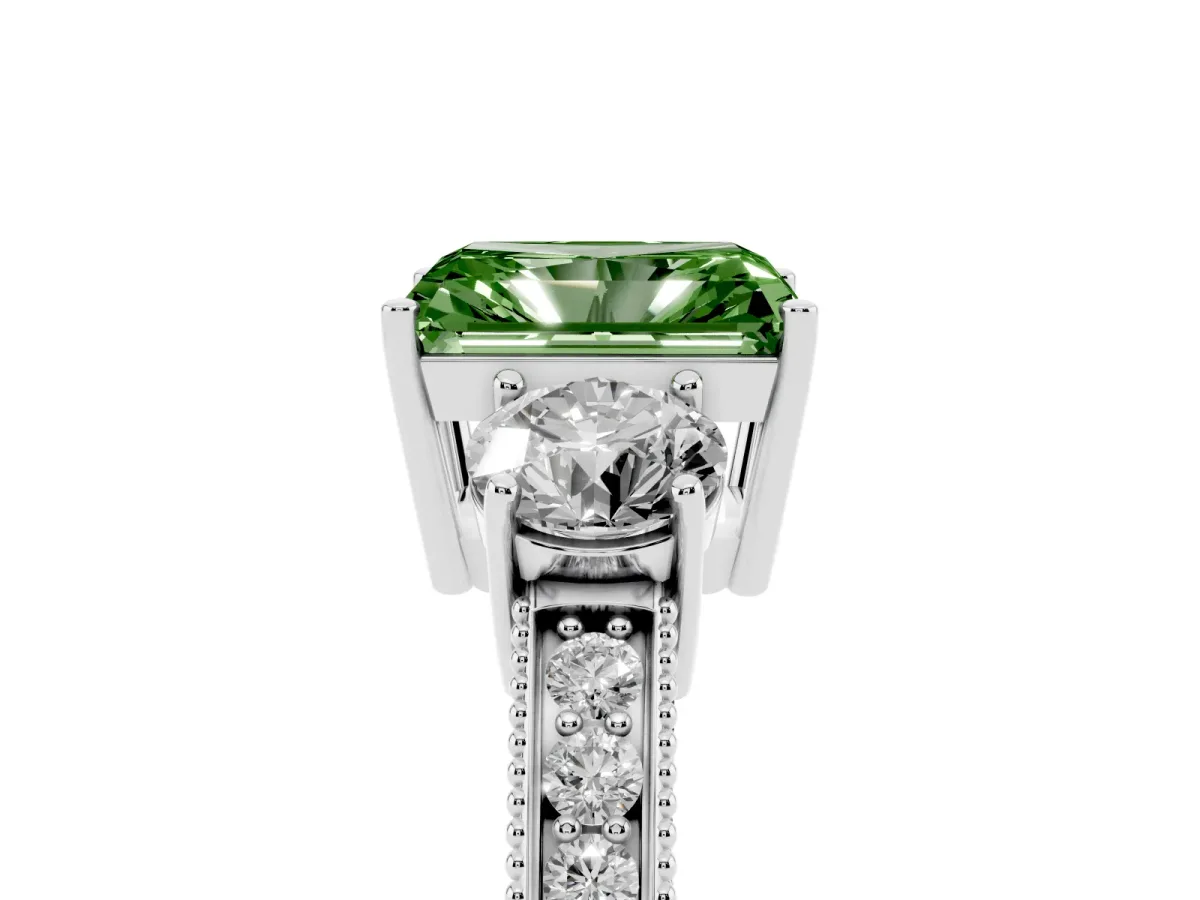 Fancy Green Radiant Cut Three-Stone Diamond Ring with Pavé Band and Four-Prong Setting Silver