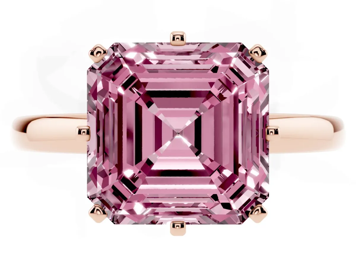 Fancy Pink Asscher Cut Solitaire Diamond Ring with Six-Prong Setting on a Classic Band Rose gold