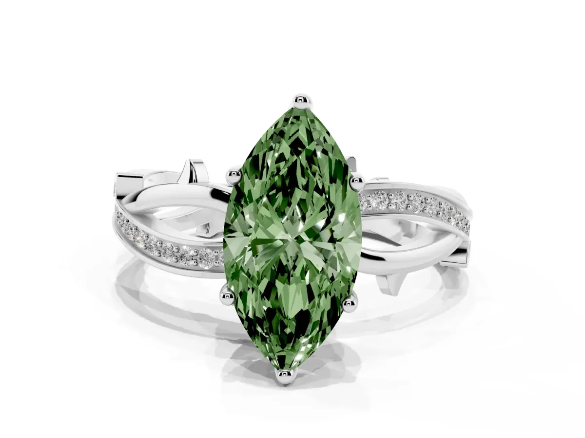 Fancy Green Marquise Cut Solitaire Twist Band with Pavé Accents and Four-Prong Setting White gold