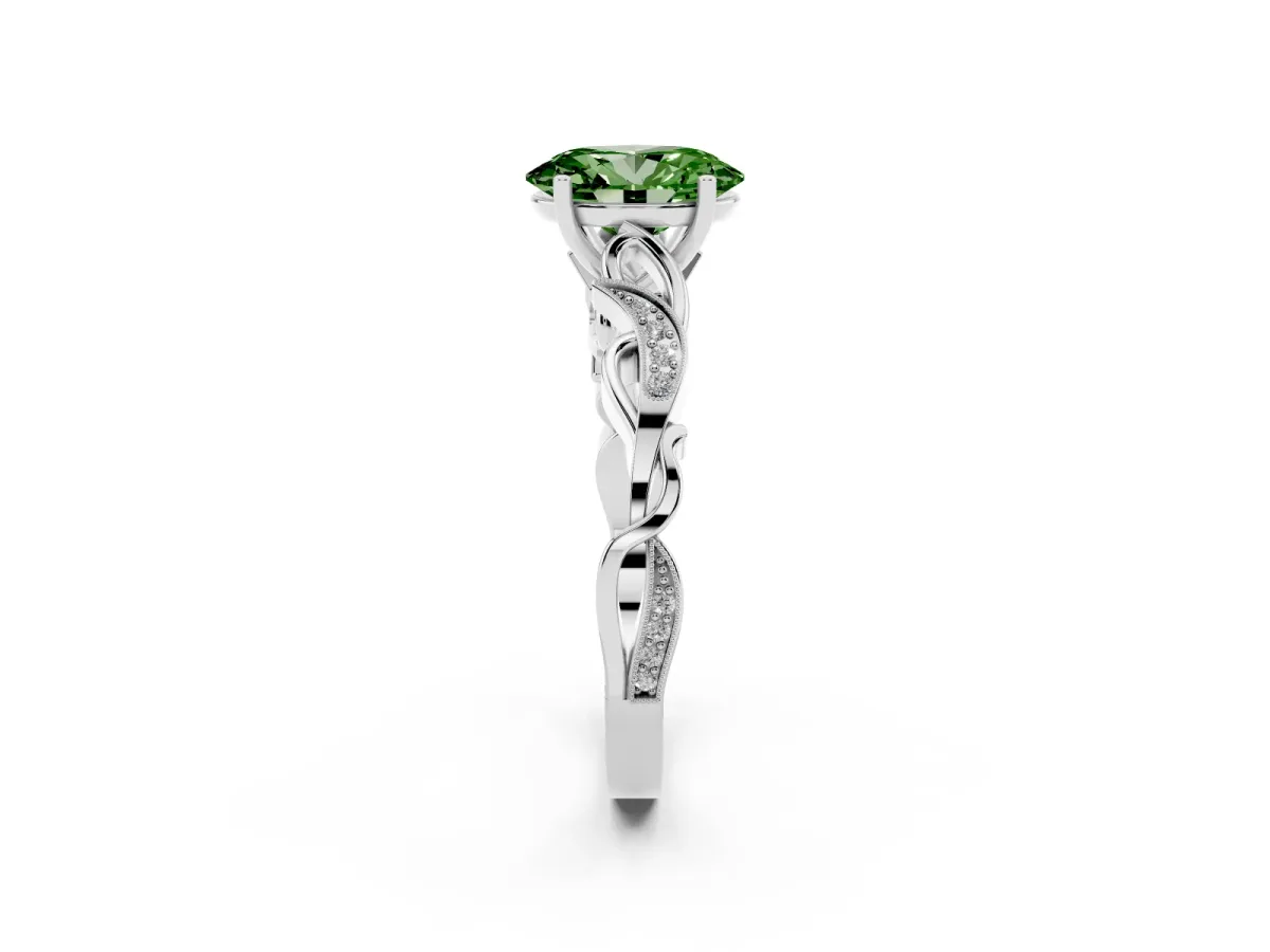 Fancy Green Oval Cut Solitaire Vine Band with Milgrain Prong Setting Silver