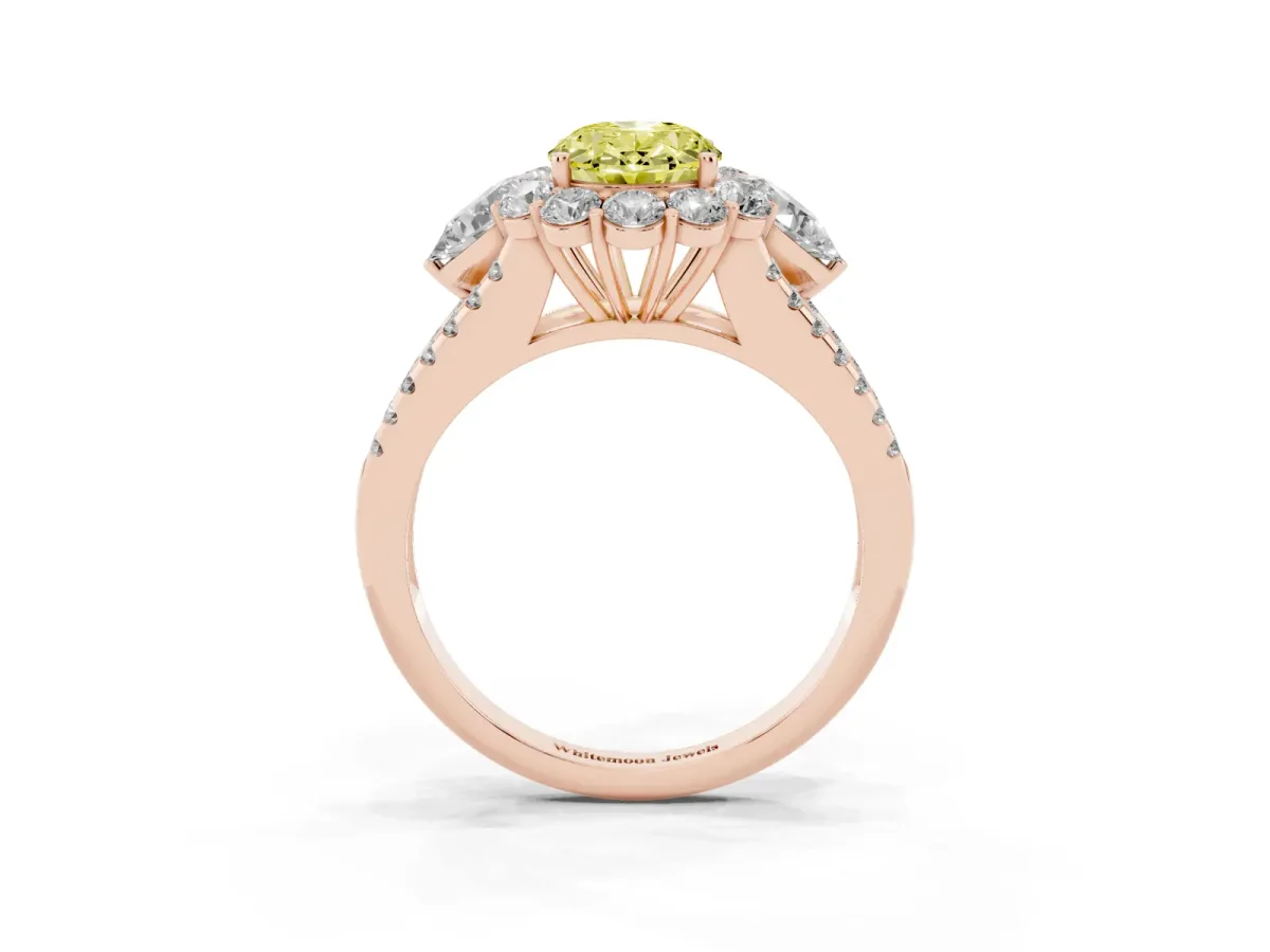 Fancy Yellow Oval Cut Halo Split Shank Diamond Engagement Ring with Prong Setting Rose gold