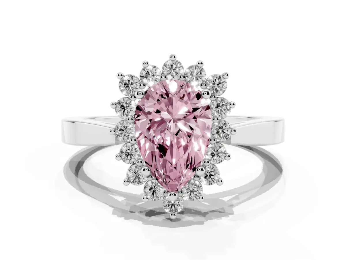 Fancy Pink Pear Cut Cut Diamond Halo Ring with Round Brilliant Halo and Solitaire Band White gold