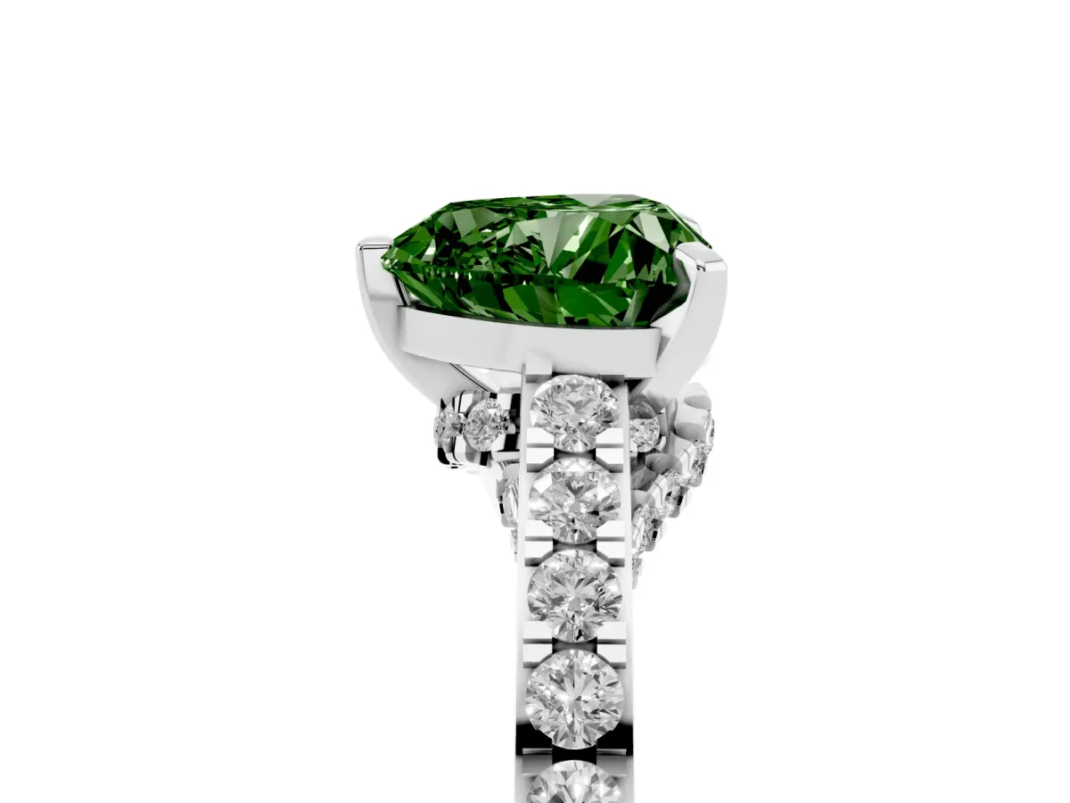 Fancy Green Heart Cut Diamond Solitaire Ring with Crossover Gallery and Round Pavé Band Platinum