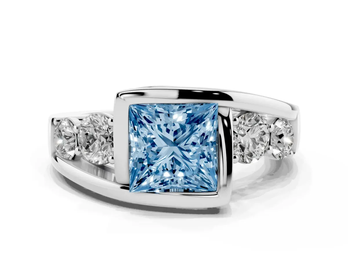 Fancy Blue Bezel Set Princess Cut Diamond Bypass Ring with Round Accents Platinum