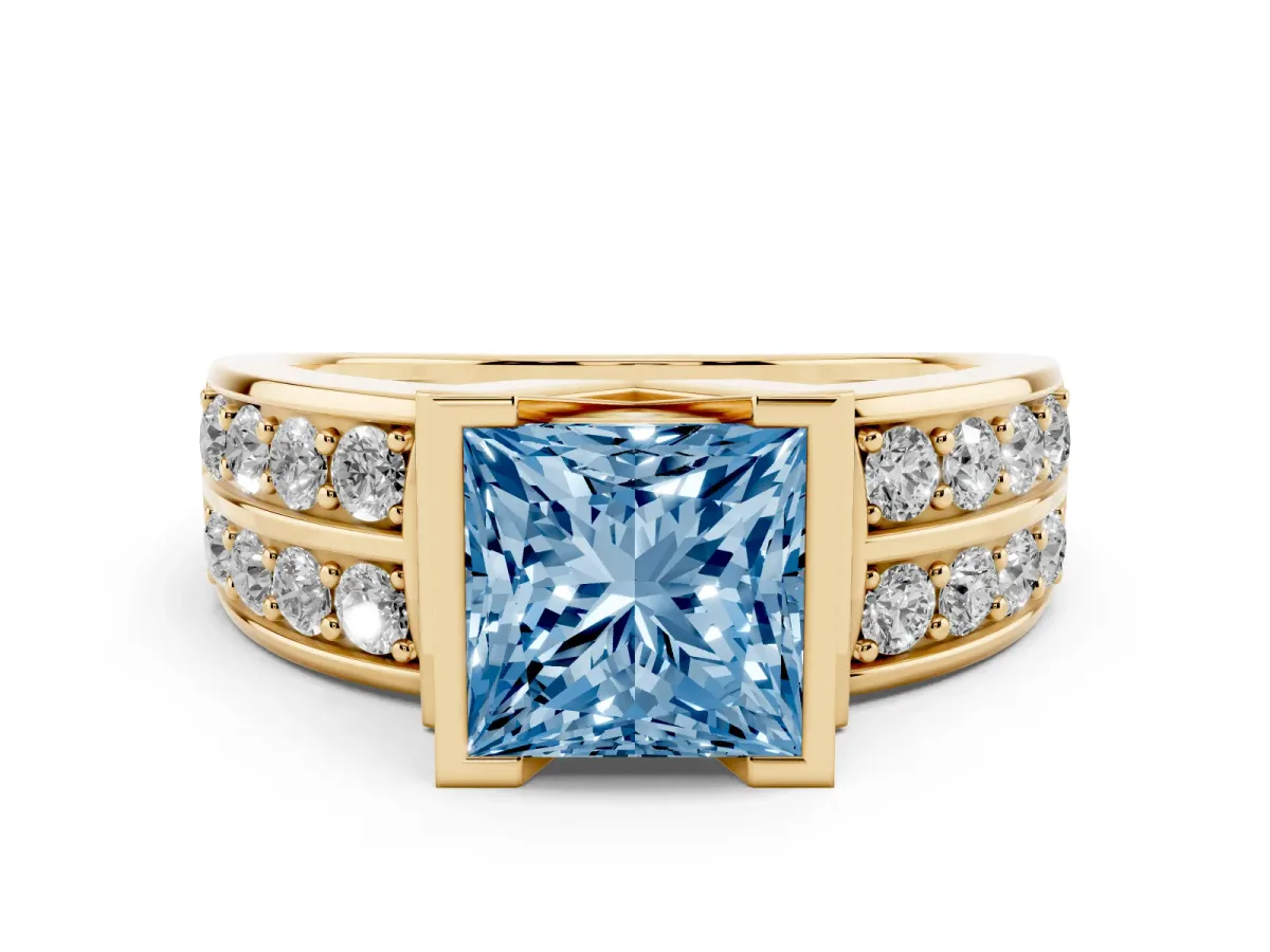Fancy Blue Princess Cut Brilliant Diamond Channel Set Wide Band Ring with Bezel Setting Yellow gold
