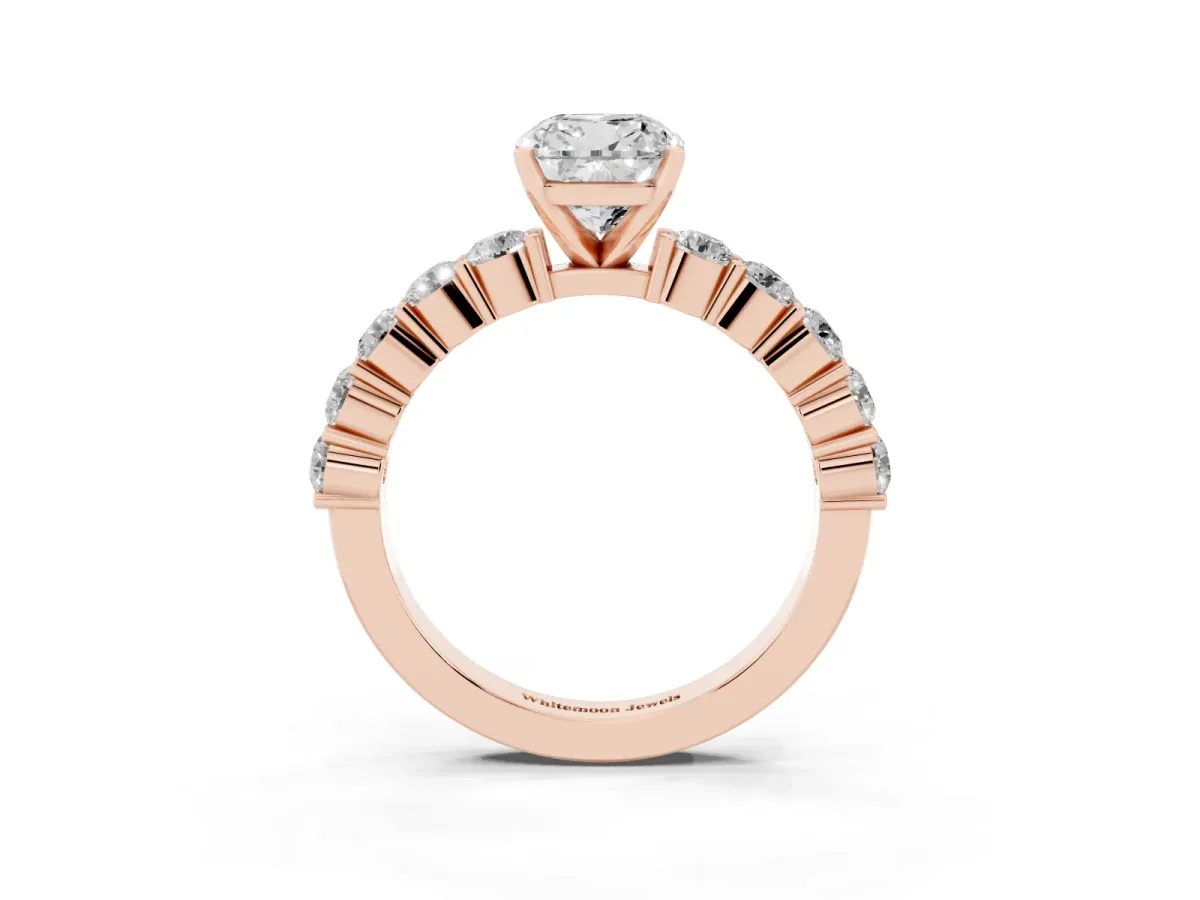 Cushion Cut Diamond Solitaire Ring with Shared Prong Round Side Stones Rose gold