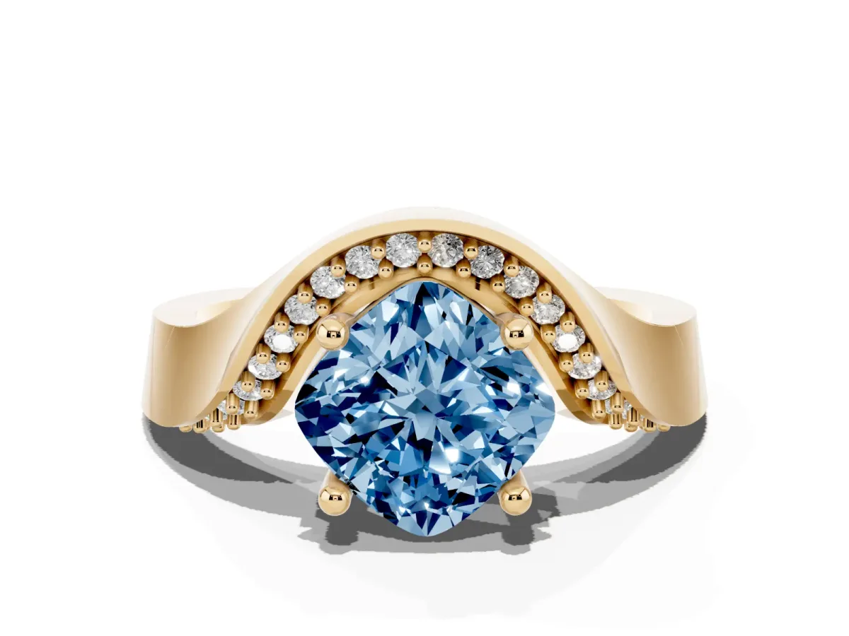 Fancy Blue Cushion Cut Solitaire Diamond Engagement Ring with Pave Band and Four-Prong Setting Yellow gold