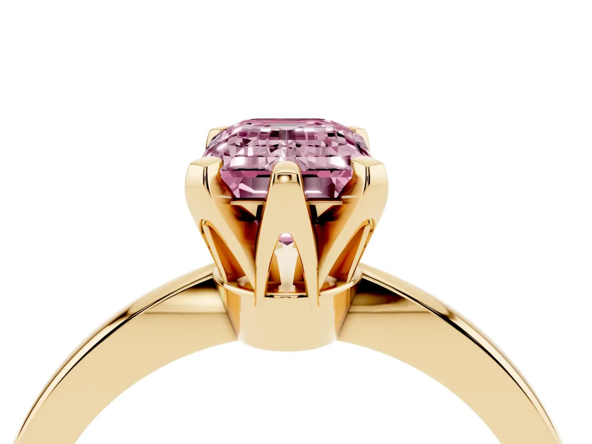 Fancy Pink Emerald Cut Solitaire Engagement Ring with Six-Prong Setting and Tapered Band Yellow gold