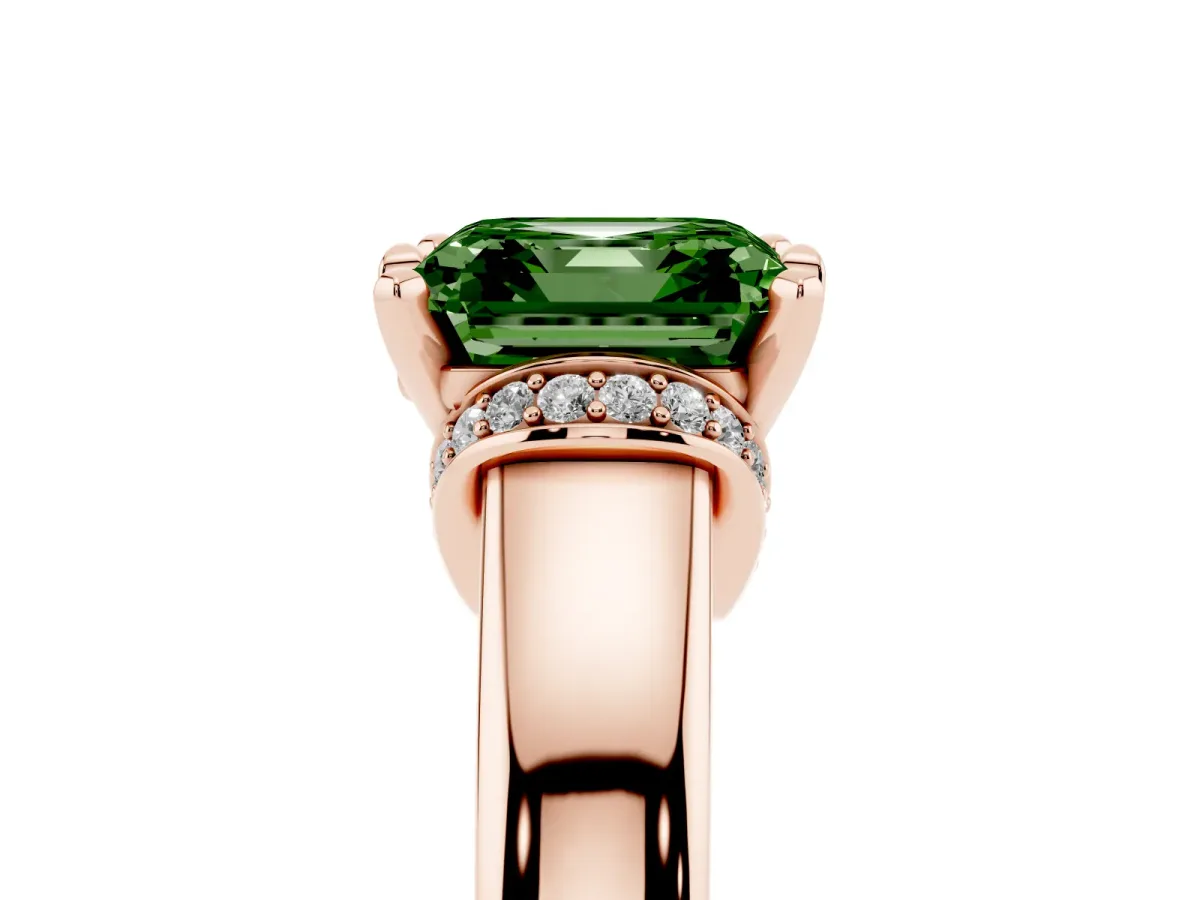 Fancy Green Asscher Cut Solitaire Diamond Ring with Pave Band and Six-Prong Setting Rose gold