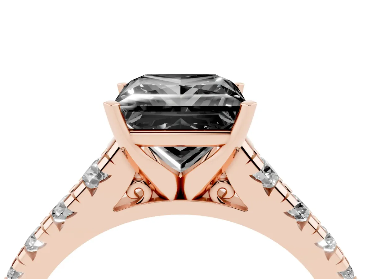 Fancy Black Princess Cut Diamond Cathedral Solitaire Ring with Round Pavé Band Rose gold