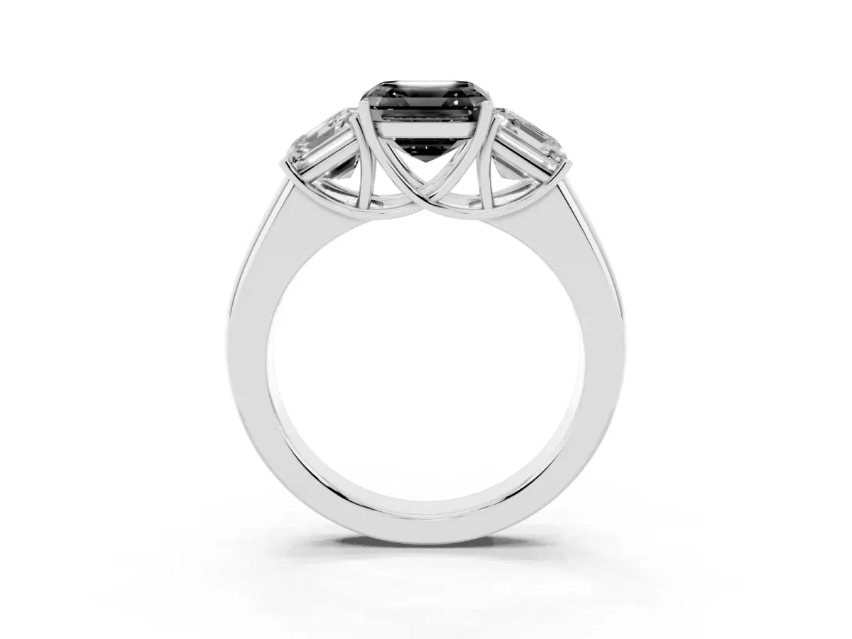 Fancy Black Three-Stone Asscher Cut Cut Diamond Ring with Prong Setting and Classic Band Platinum