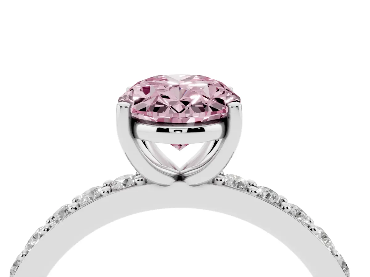 Fancy Pink Oval Cut Cut Diamond Solitaire with Pave Band and Four-Prong Setting Silver