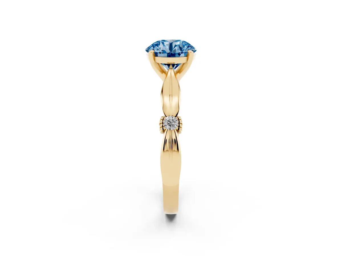 Fancy Blue Round Cut Solitaire Diamond Twisted Band with Four-Prong Setting Yellow gold