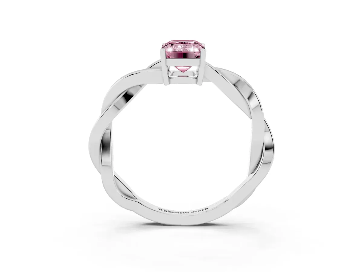 Fancy Pink Emerald Cut Solitaire Twisted Pave Diamond Ring with Four-Prong Setting Platinum