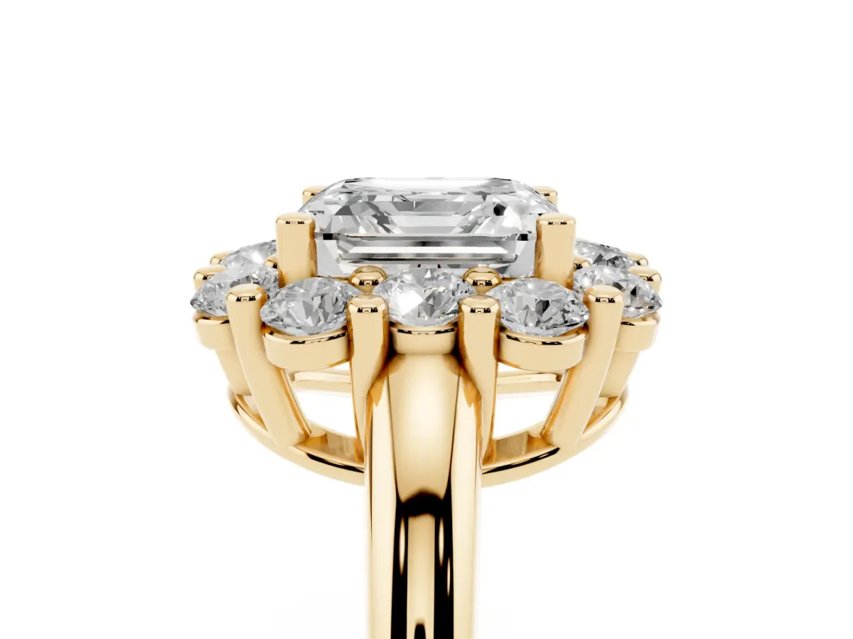 Asscher Cut Halo Cluster Diamond Engagement Ring with Prong Setting and Polished Band Yellow gold