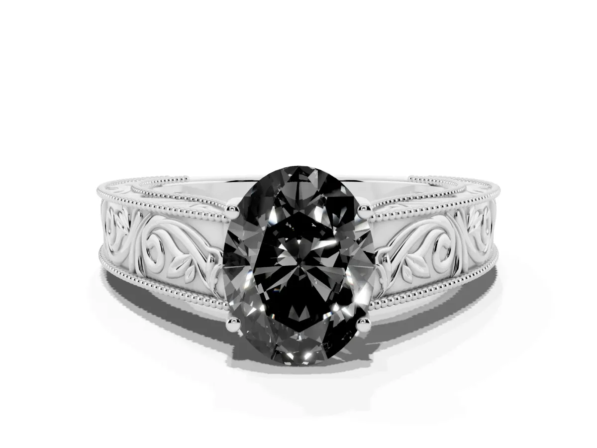 Fancy Black Oval Cut Diamond Solitaire Ring with Engraved Band and Four-Prong Setting Platinum