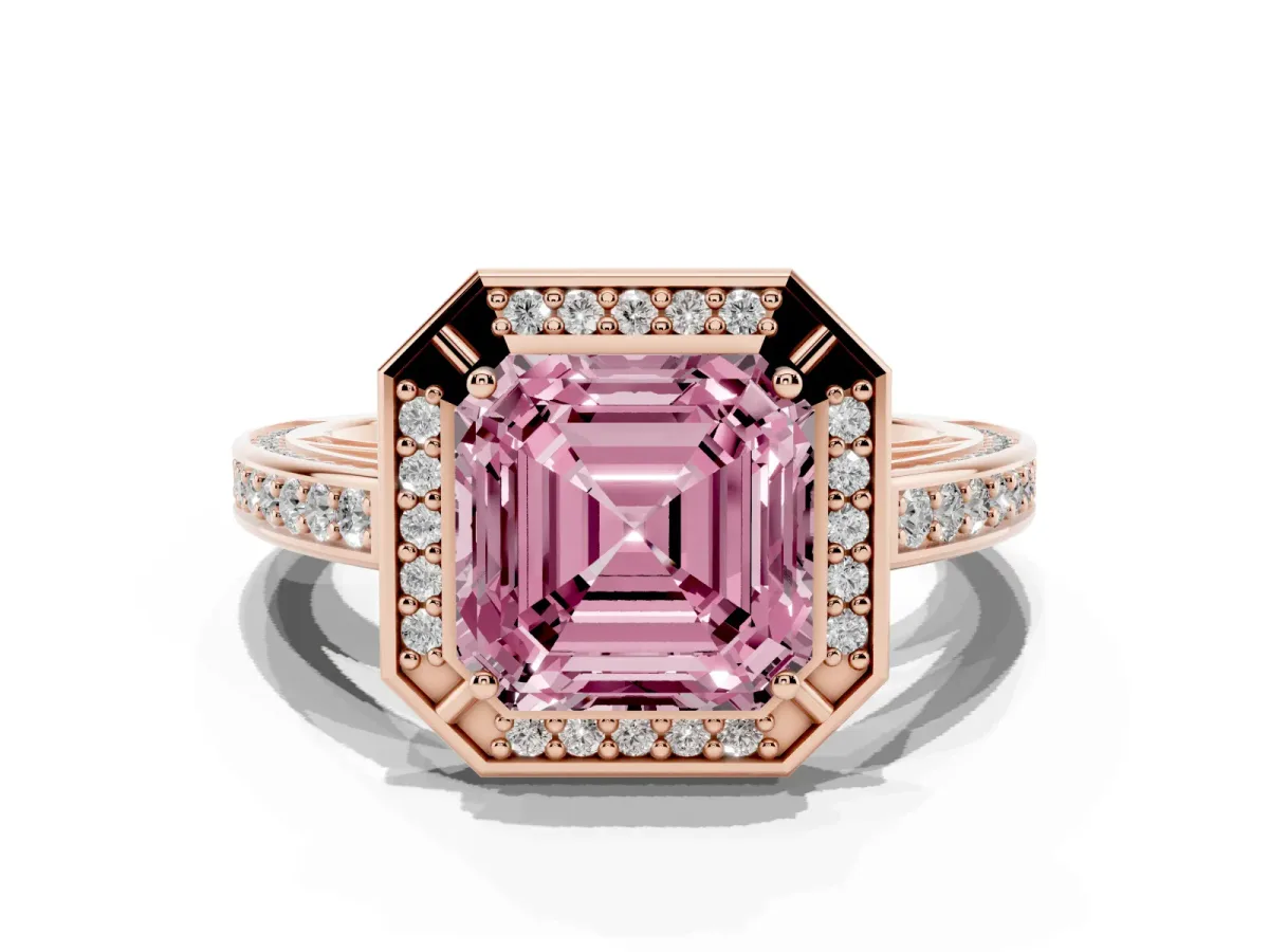 Fancy Pink Asscher Cut Cut Halo Pave Split Shank Prong Setting Ring Rose gold