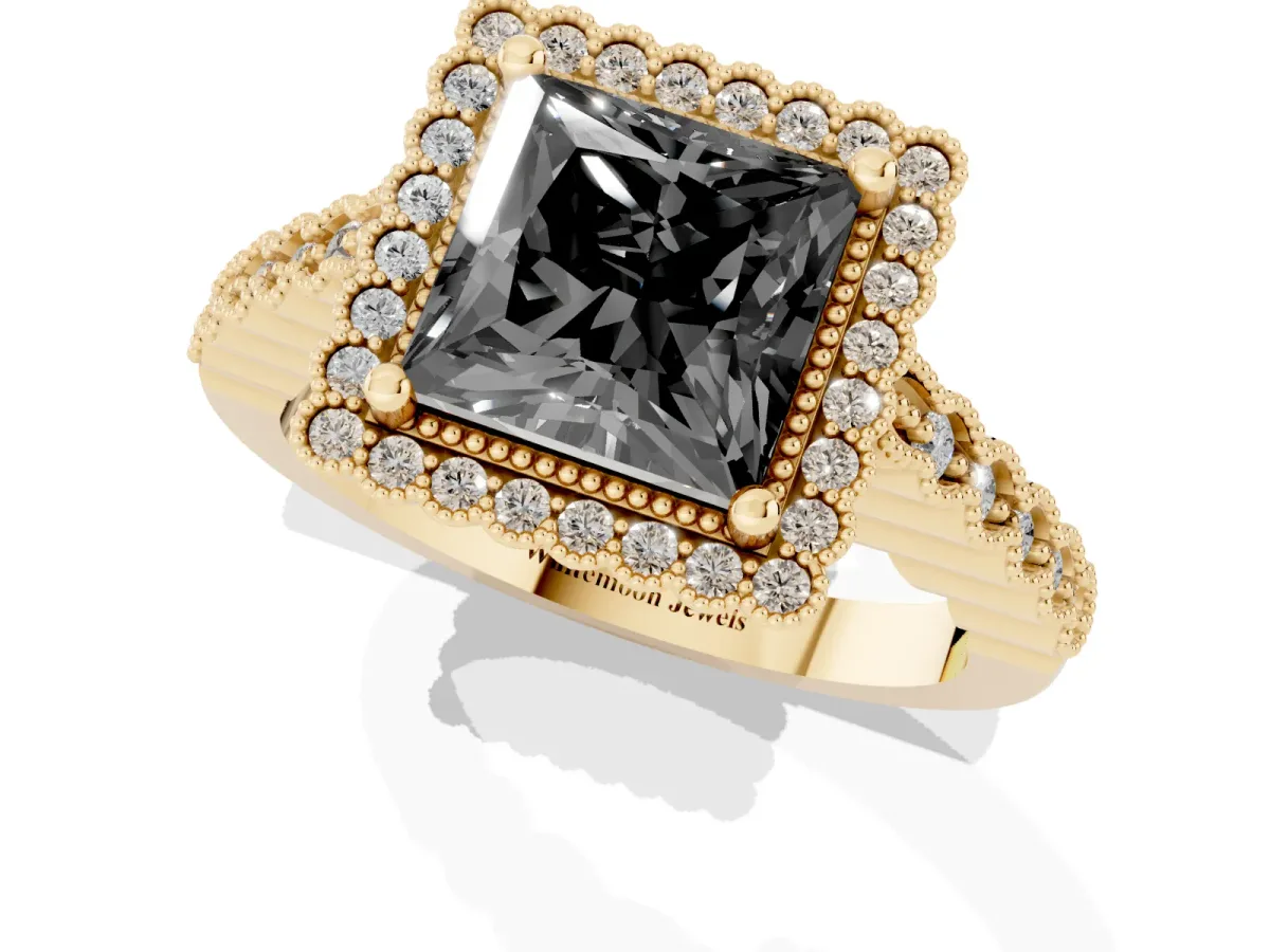 Fancy Black Princess Cut Cut Halo Pavé Solitaire Ring with Milgrain Band Yellow gold
