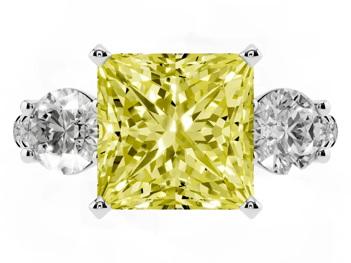 Fancy Yellow Three-Stone Princess Cut Diamond Pavé Band with Four-Prong Setting Silver