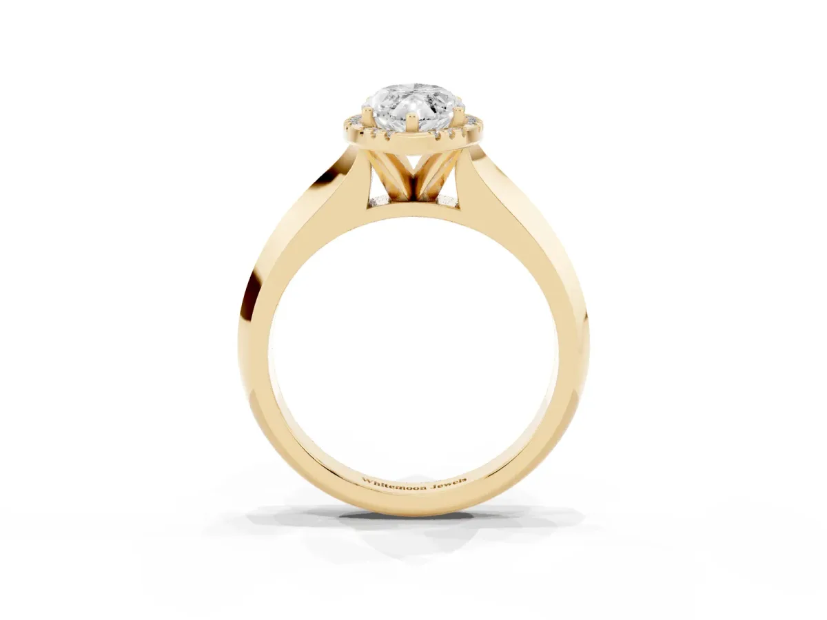 Marquise Cut Halo Diamond Ring with Cathedral Band and Four-Prong Setting Yellow gold