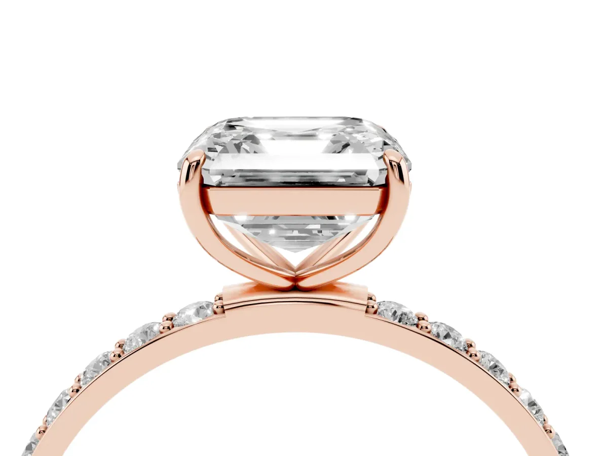 Asscher Cut Diamond Solitaire Ring with Round Pavé Shoulders and Prong Setting Rose gold