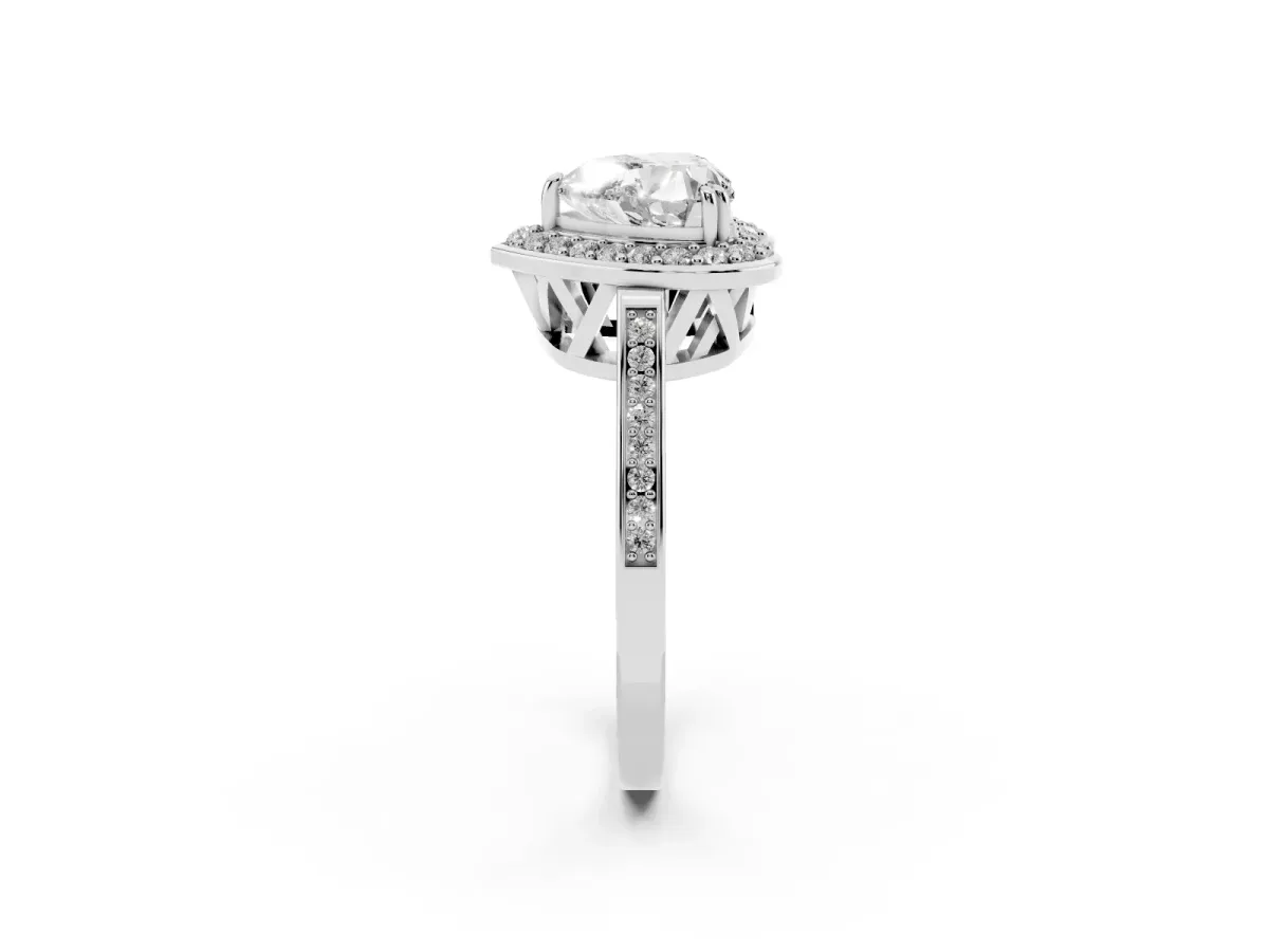 Heart Cut Diamond Halo Ring with Split Shank and Four-Prong Setting Silver