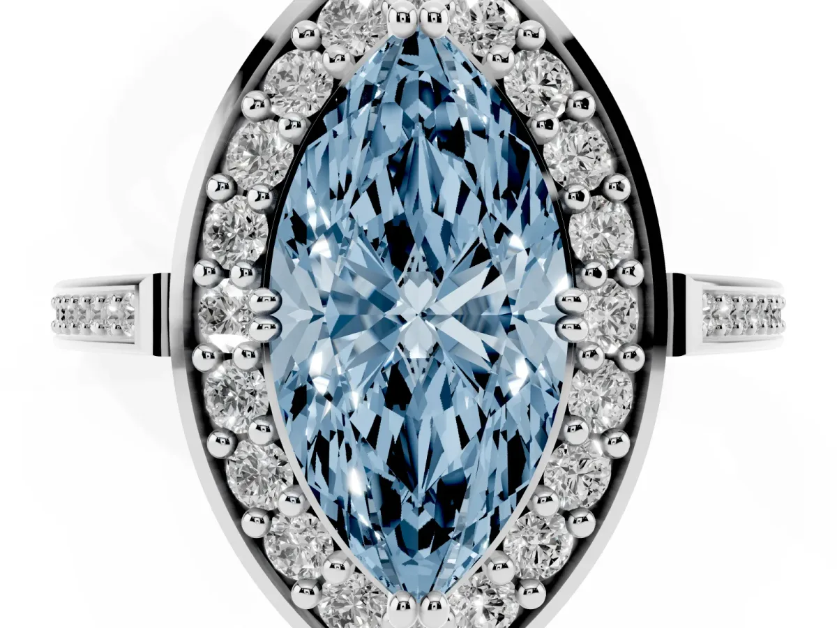Fancy Blue Marquise Cut Diamond Halo Ring with Split Shank and Four-Prong Setting Platinum