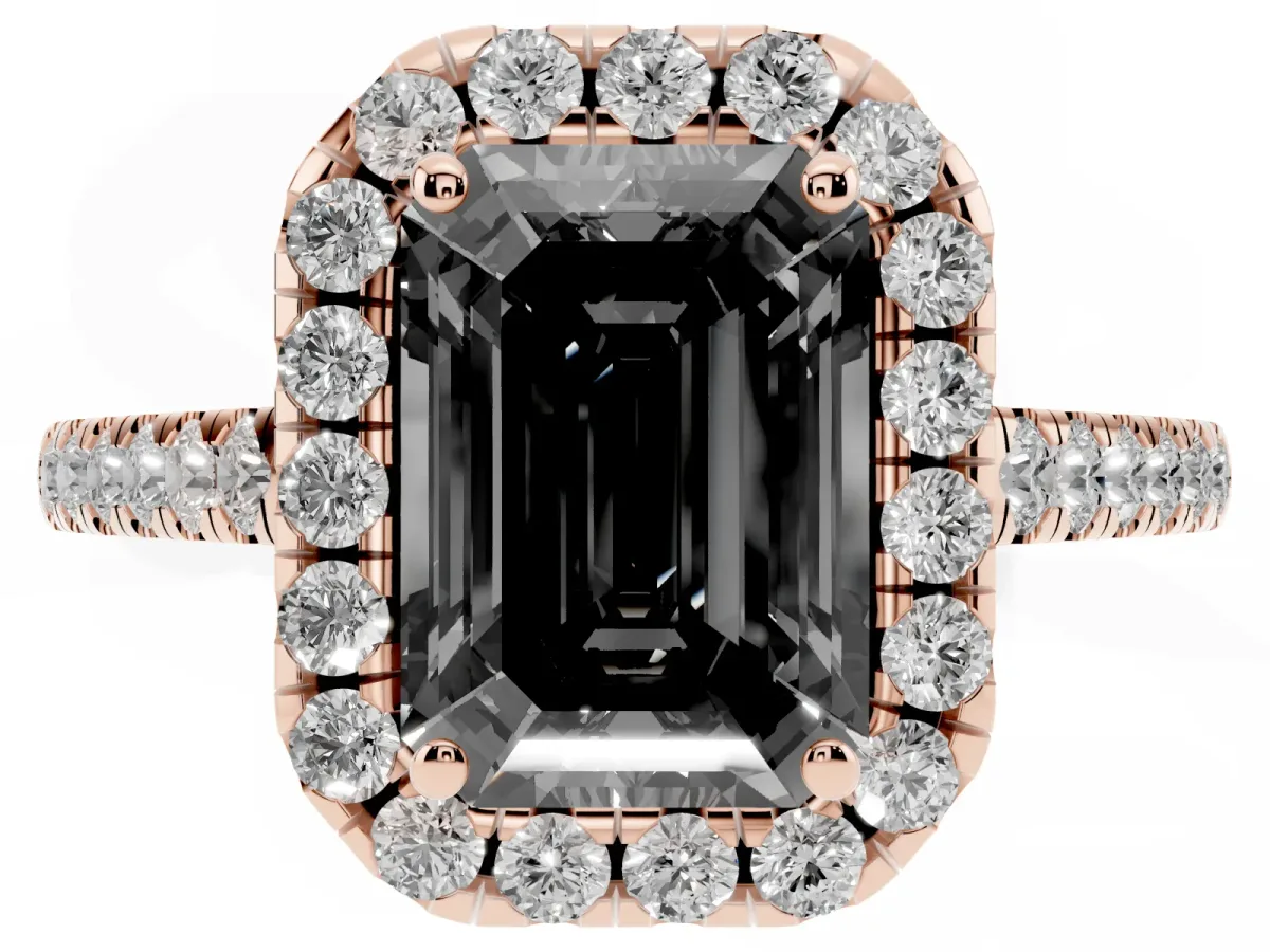 Fancy Black Emerald Cut Halo Pave Diamond Engagement Ring with Four-Prong Setting Rose gold