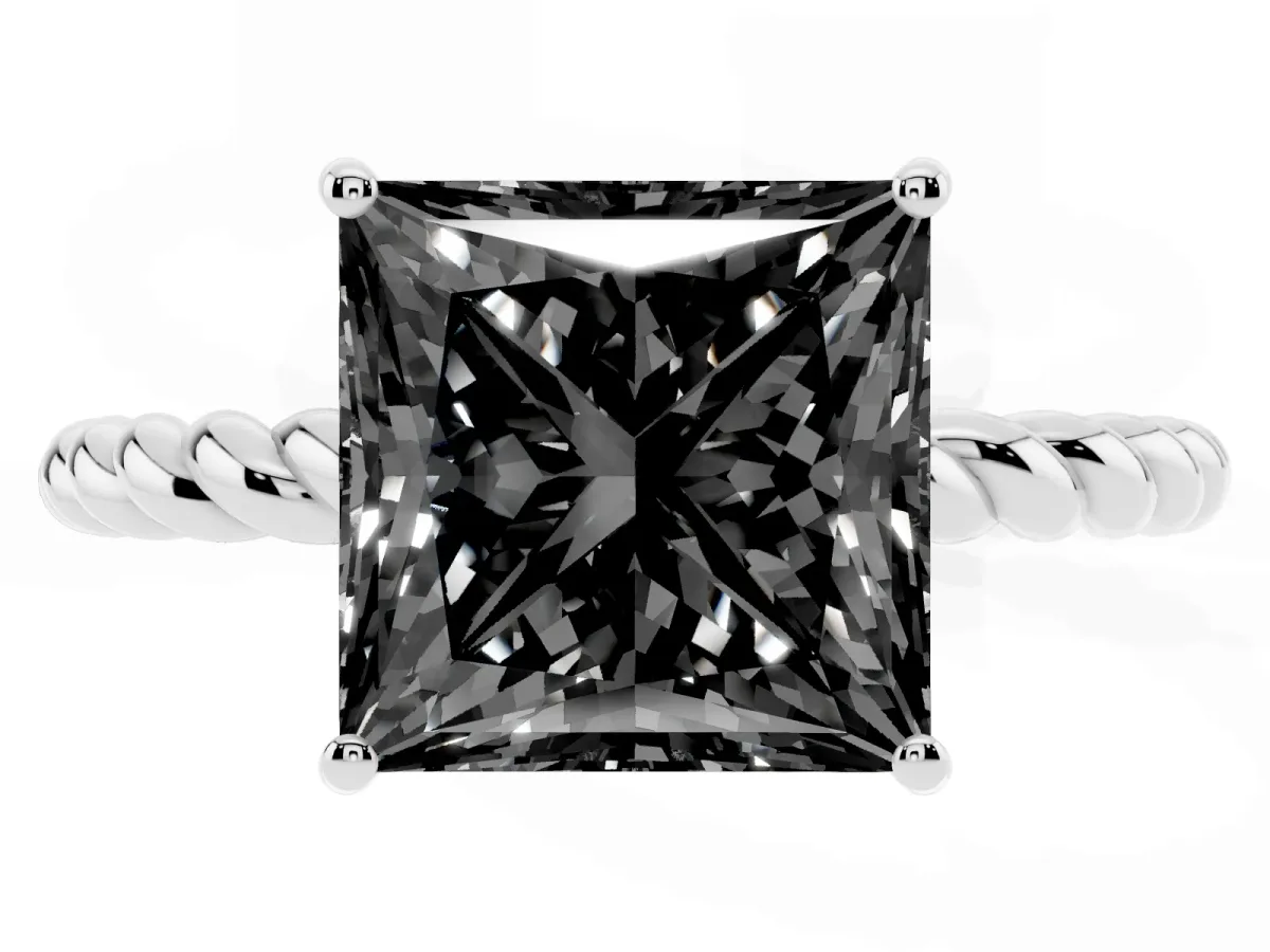 Fancy Black Princess Cut Solitaire Twisted Band 4-Prong Ring Silver