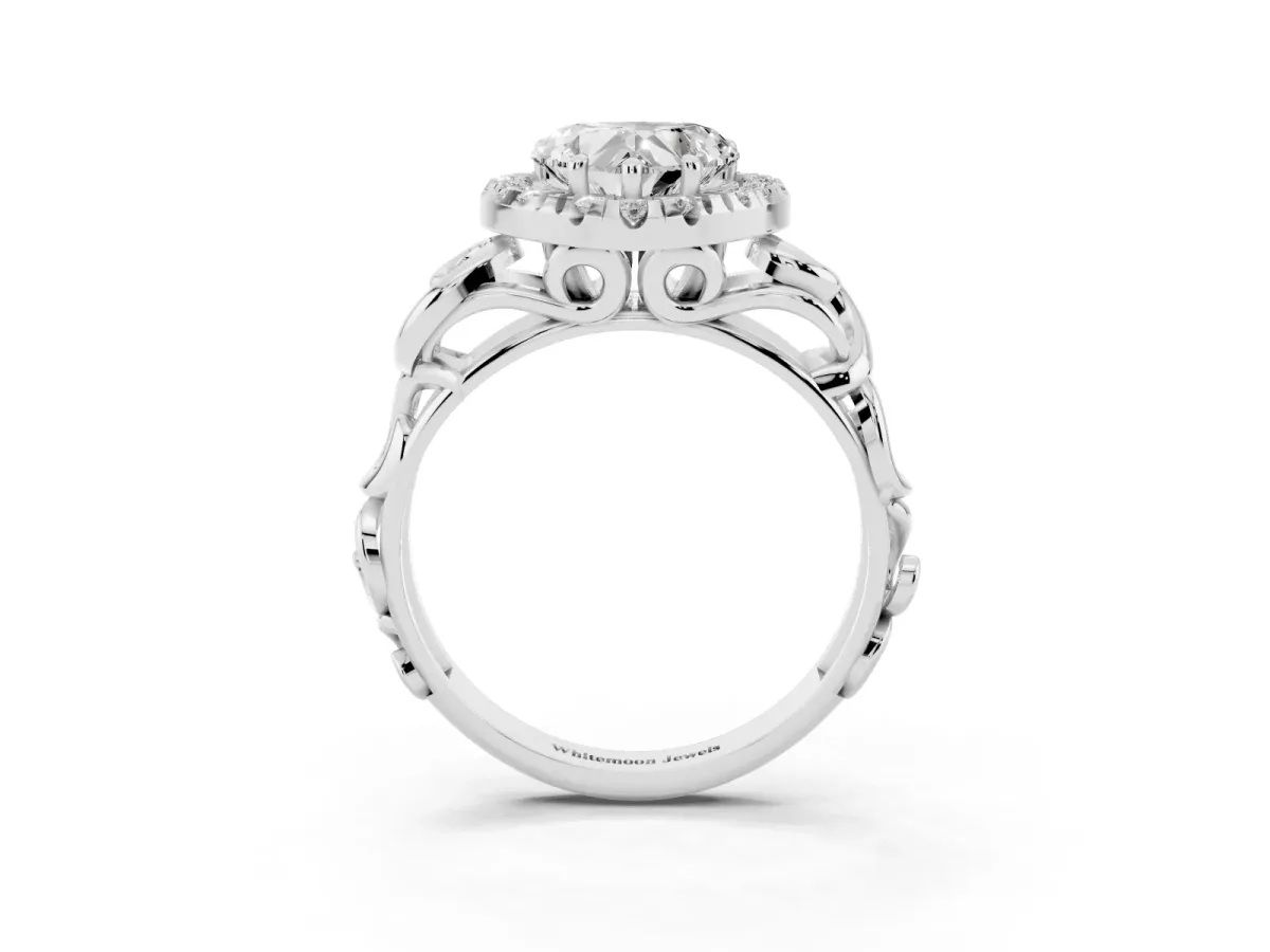 Heart Cut Cut Halo Diamond Ring with Scrollwork Band and Four-Prong Setting Platinum
