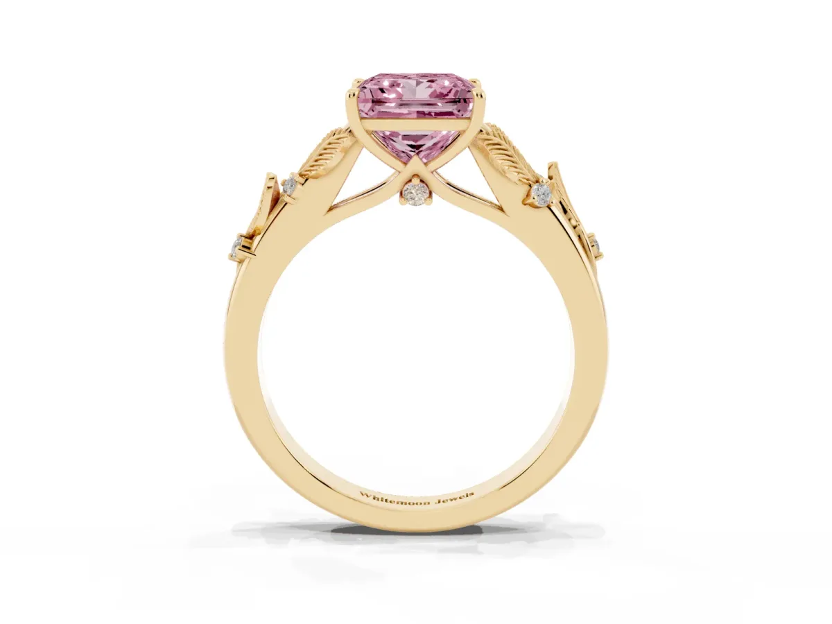 Fancy Pink Princess Cut Diamond Solitaire Ring with Leaf Motif Band and Four-Prong Setting Yellow gold