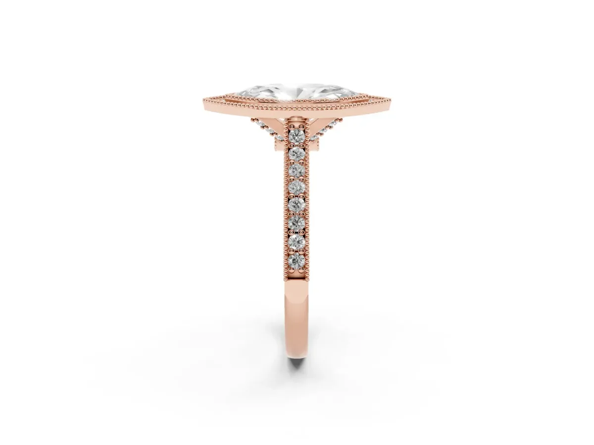 Halo Marquise Cut-Cut Diamond Pave Band Milgrain Prong Setting Ring Rose gold