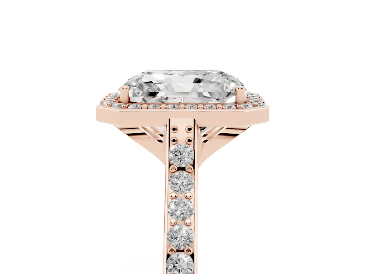 Radiant Cut Diamond Halo Engagement Ring with Round Pavé Shoulders and Prong Setting Rose gold